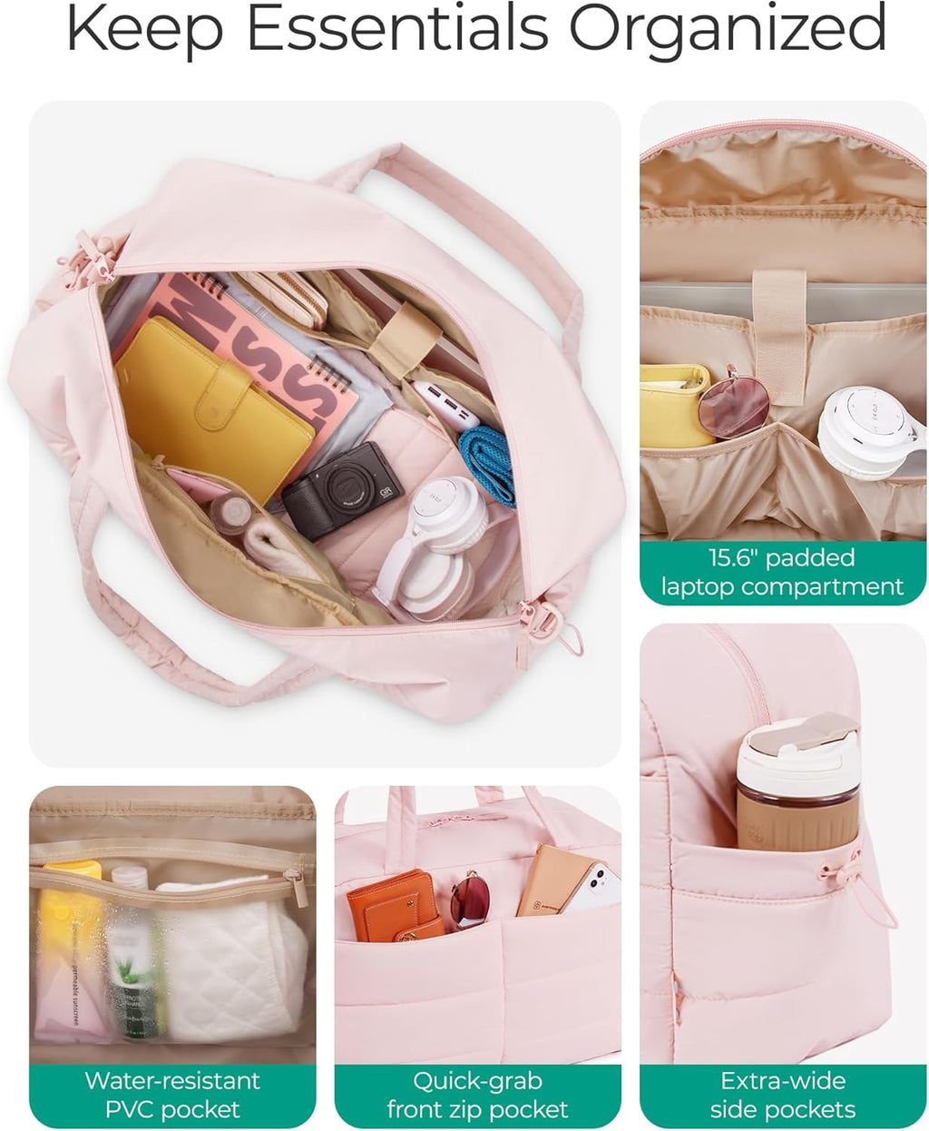 BAGSMART Lightweight Puffer Gym Bag - 31L Quilted Duffle for Travel & Gym | Water-Resistant Pink