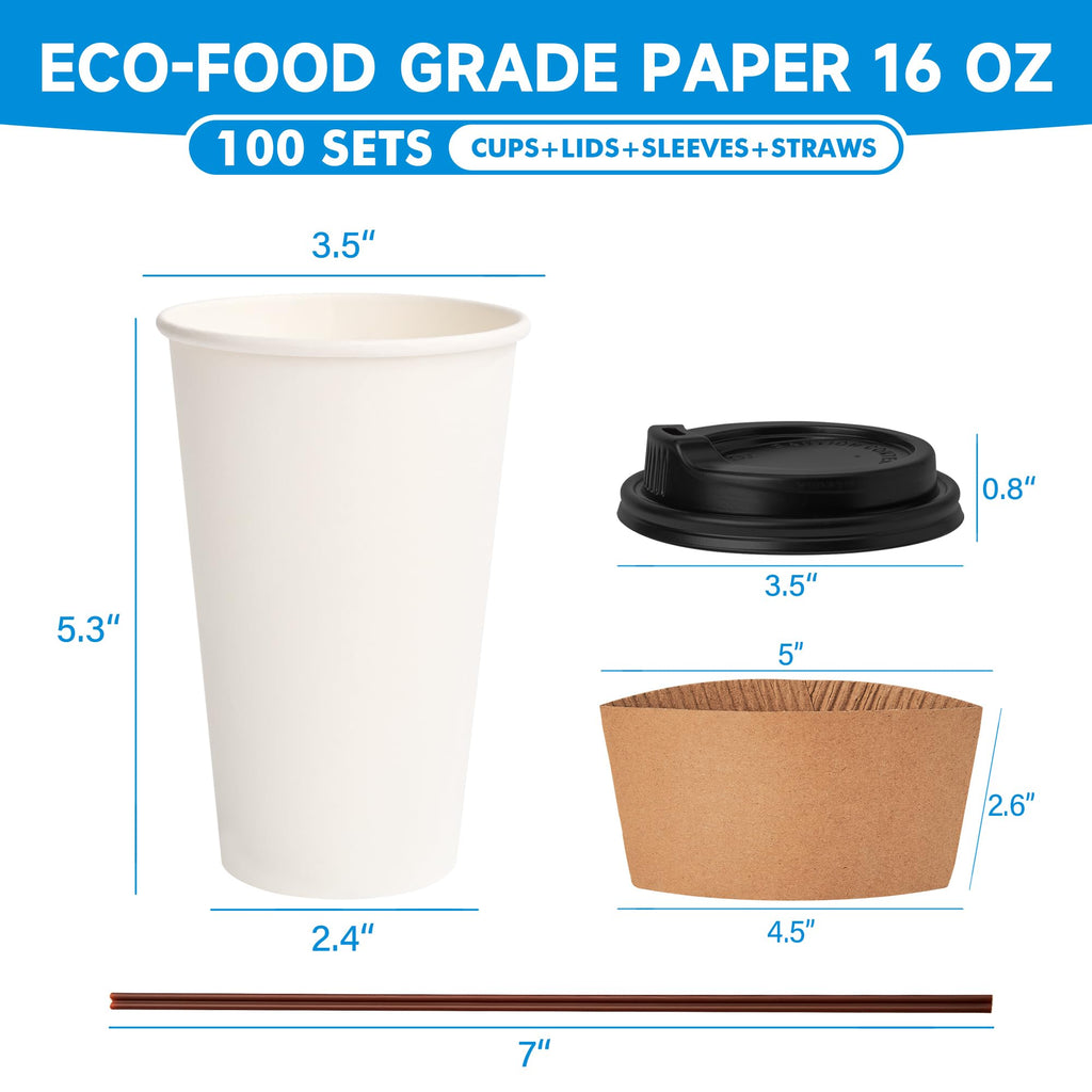 RACETOP 16 oz 100 Pack Disposable Paper Coffee Cups with Lids, Sleeves and Stirrers, Hot Cups, Paper Cups with Lids, Sleeves and Stirrers, Ideal for Home/Office