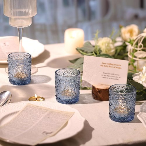 Blue Votive Candle Holders Set of 12 | Elegant Tea Light Holders for Weddings & Home Decor