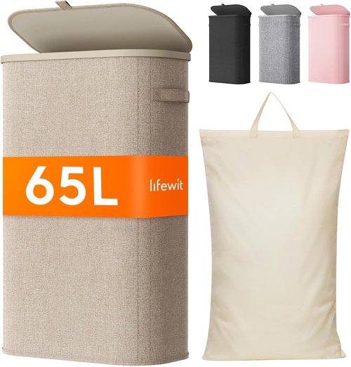 Lifewit Slim Laundry Basket - Tall 65L Hamper with Lid & Removable Bag | Beige, Ideal for Home Use