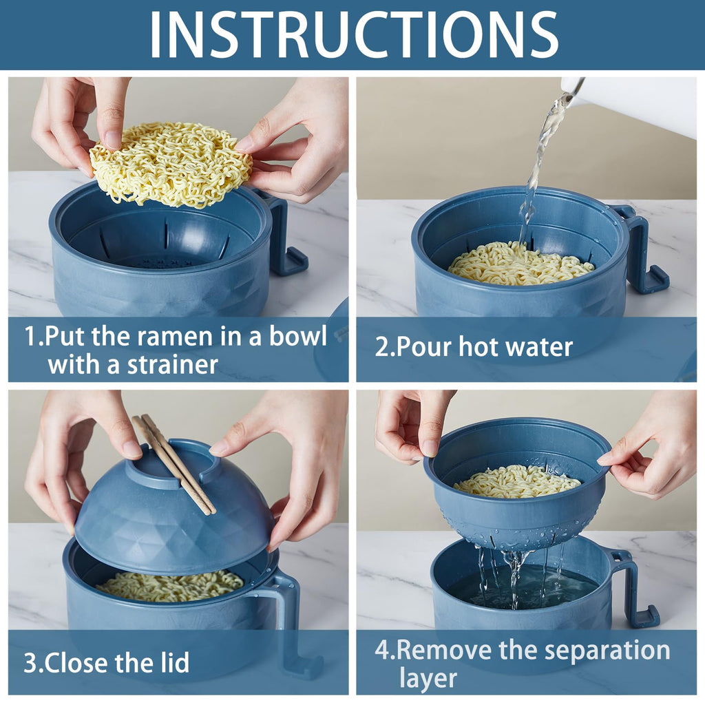 Romooa 2 Sets Microwave Ramen Bowl 40 oz Wheat Fiber Portable Instant Noodle Cooker Bowl with Handles Strainer Spoon Chopstick Fork College Dorm Room Apartment Essentials(Black,Dark Blue)