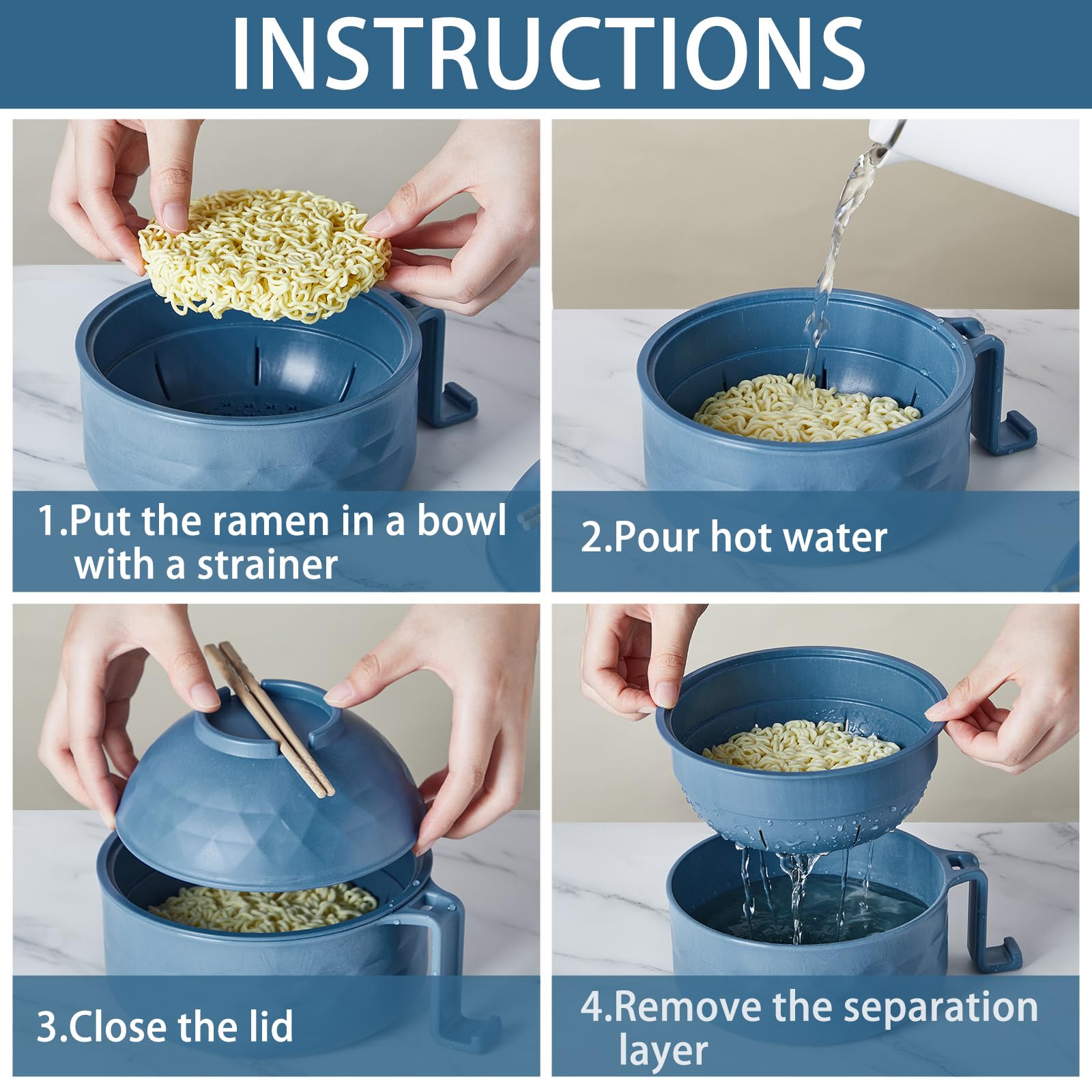 Romooa 2 Sets Microwave Ramen Bowl 40 oz Wheat Fiber Portable Instant Noodle Cooker Bowl with Handles Strainer Spoon Chopstick Fork College Dorm Room Apartment Essentials(Black,Dark Blue)