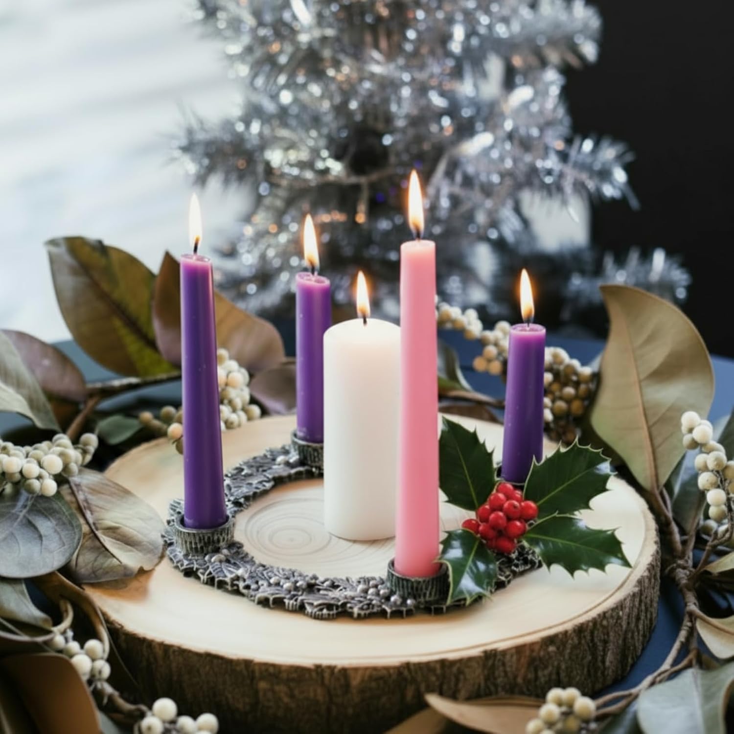 Shellwei Advent Wreath Candle Holder - 8 Inch Metal Design with Holly Berry Leaves for Christmas Decor