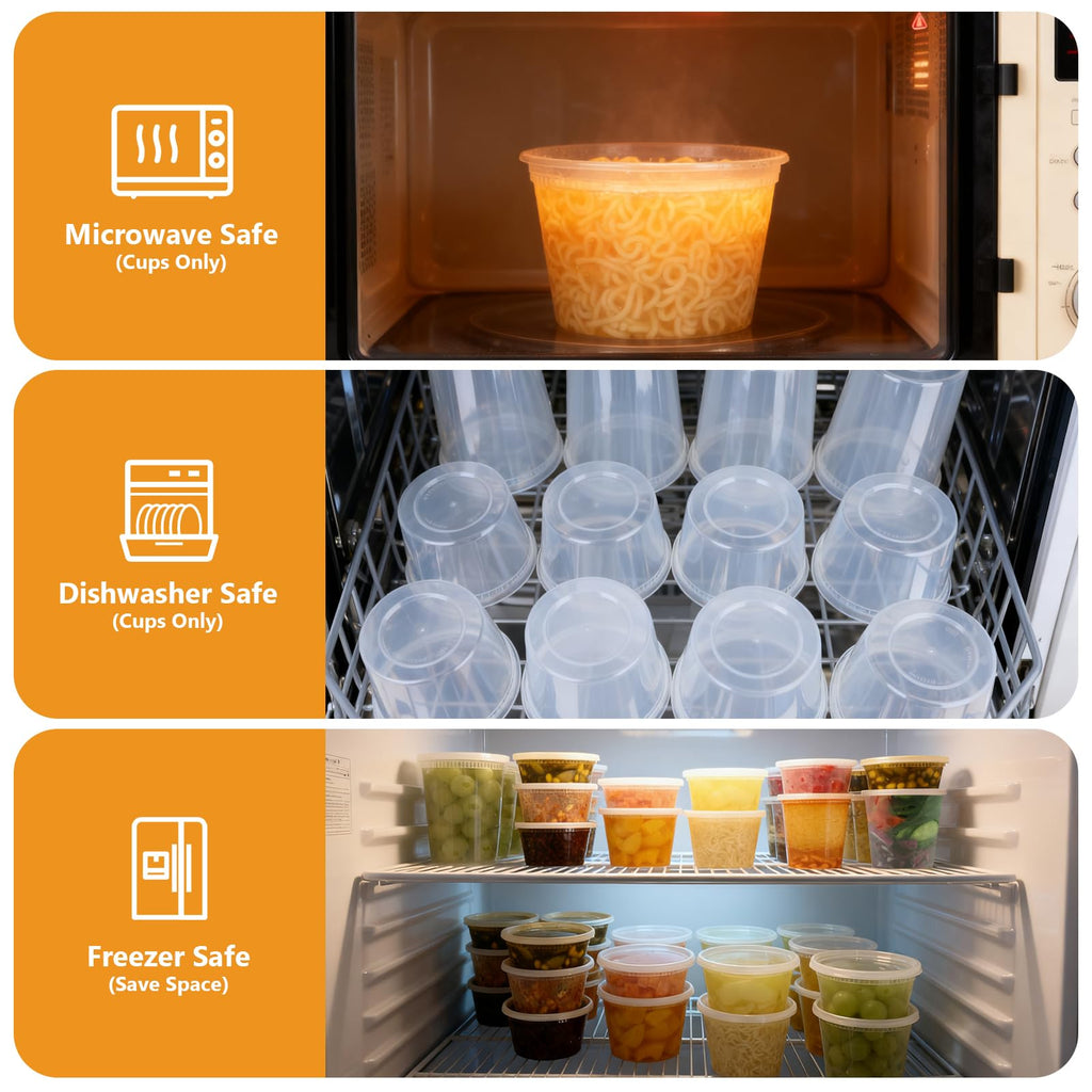 NESCCI 96 Pack (192-Piece) Deli Containers with Lids, 32/16/12/8 oz X 24 Set Each, Leak-Proof & BPA Free Airtight Takeout Plastic Food Storage Containers for Soup, Meal Prep, Microwave/Freezer Safe