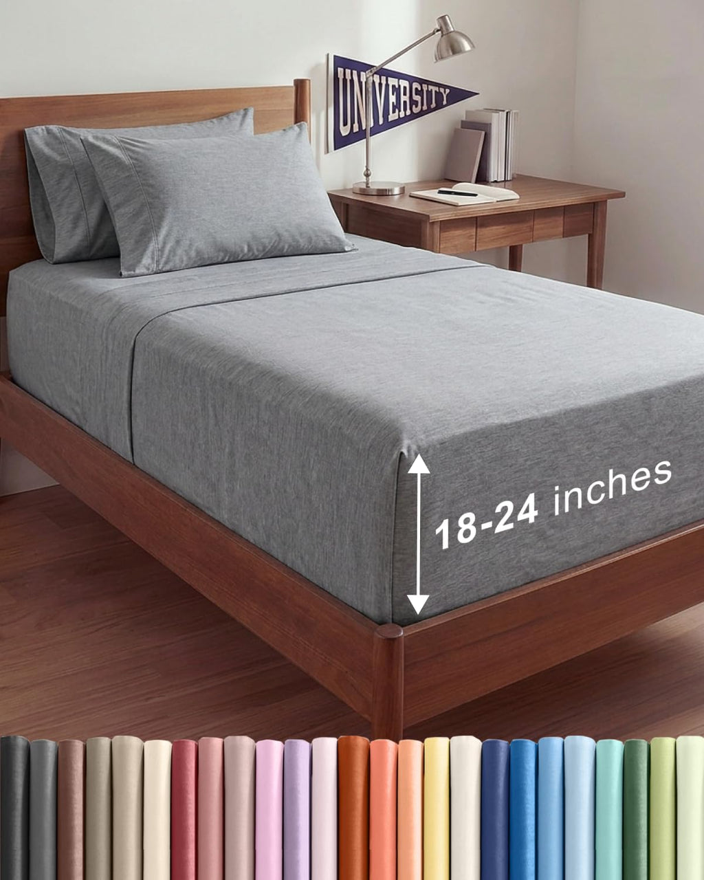 Skiennix Extra Deep Twin XL Sheet Set - 4 Piece Breathable Cooling Bedding - Soft Wrinkle-Free Heathered Grey