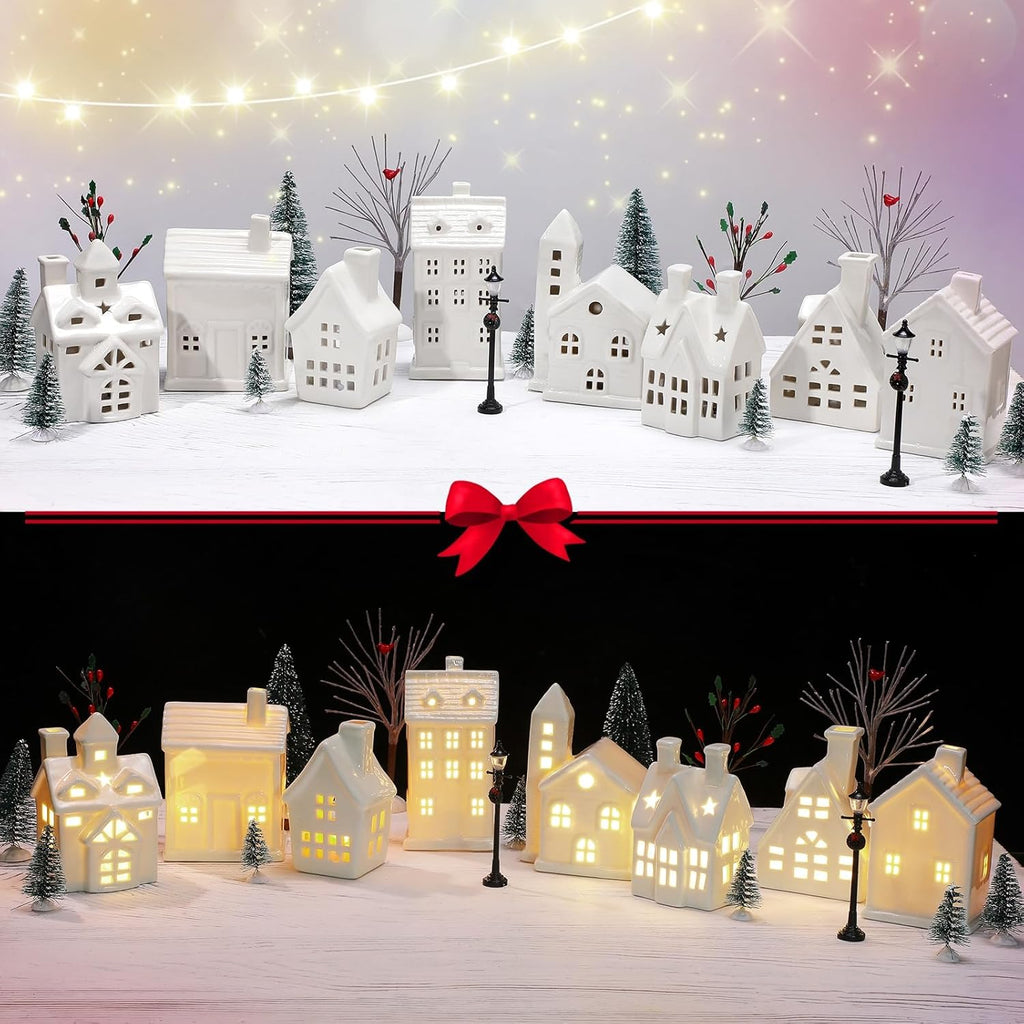 Tioncy 26 Pcs Ceramic Christmas Village Houses Set - Festive Tabletop Decor with Trees & Street Lamps