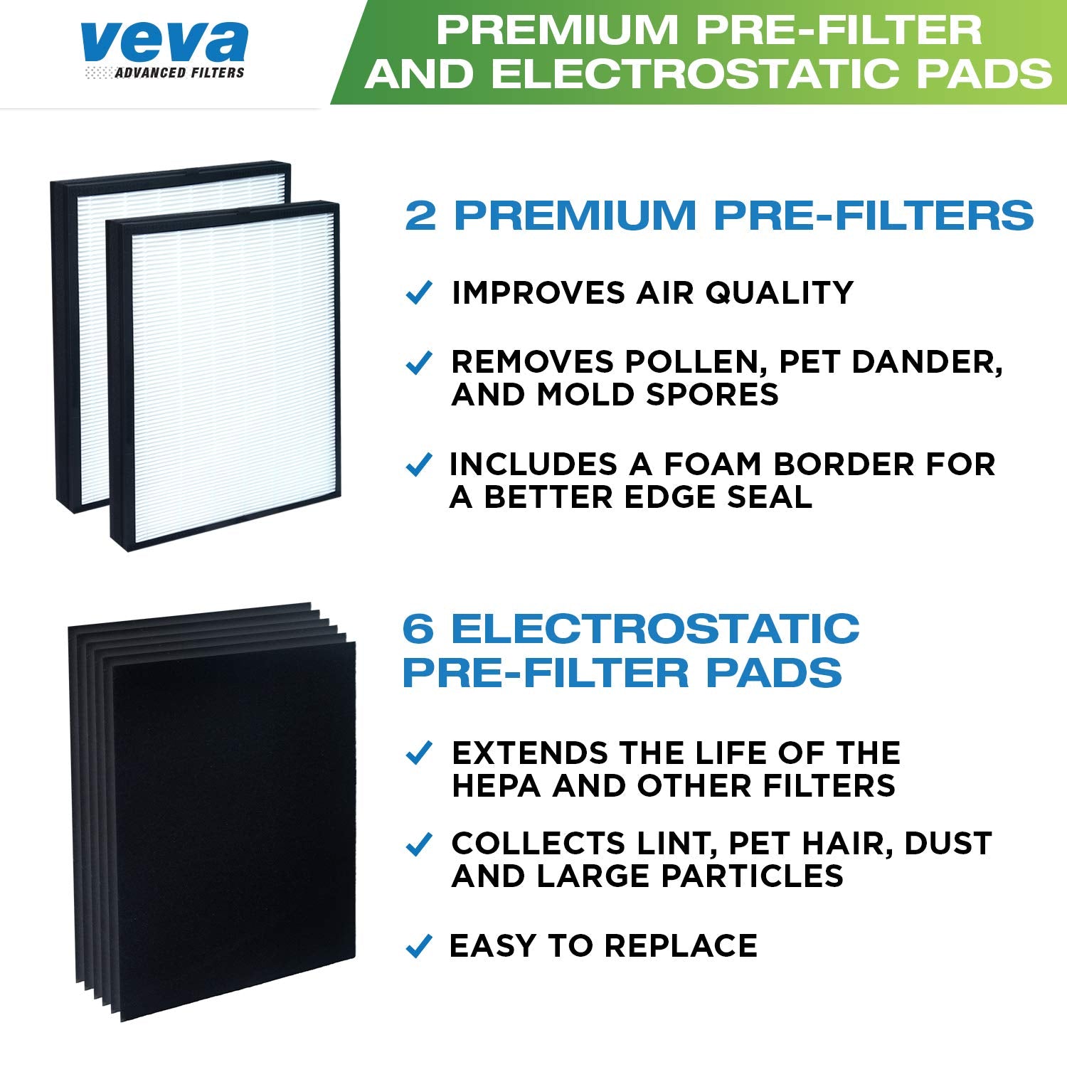 VEVA Premium 2 HEPA Replacement Filters and 6 Activated Carbon Pre Filters for Blueair 200/300 Series Models 201, 203, 205, 215B, 250E, 270E, 303 Air Purifiers - To Stop Smoke, Odor, and Dust