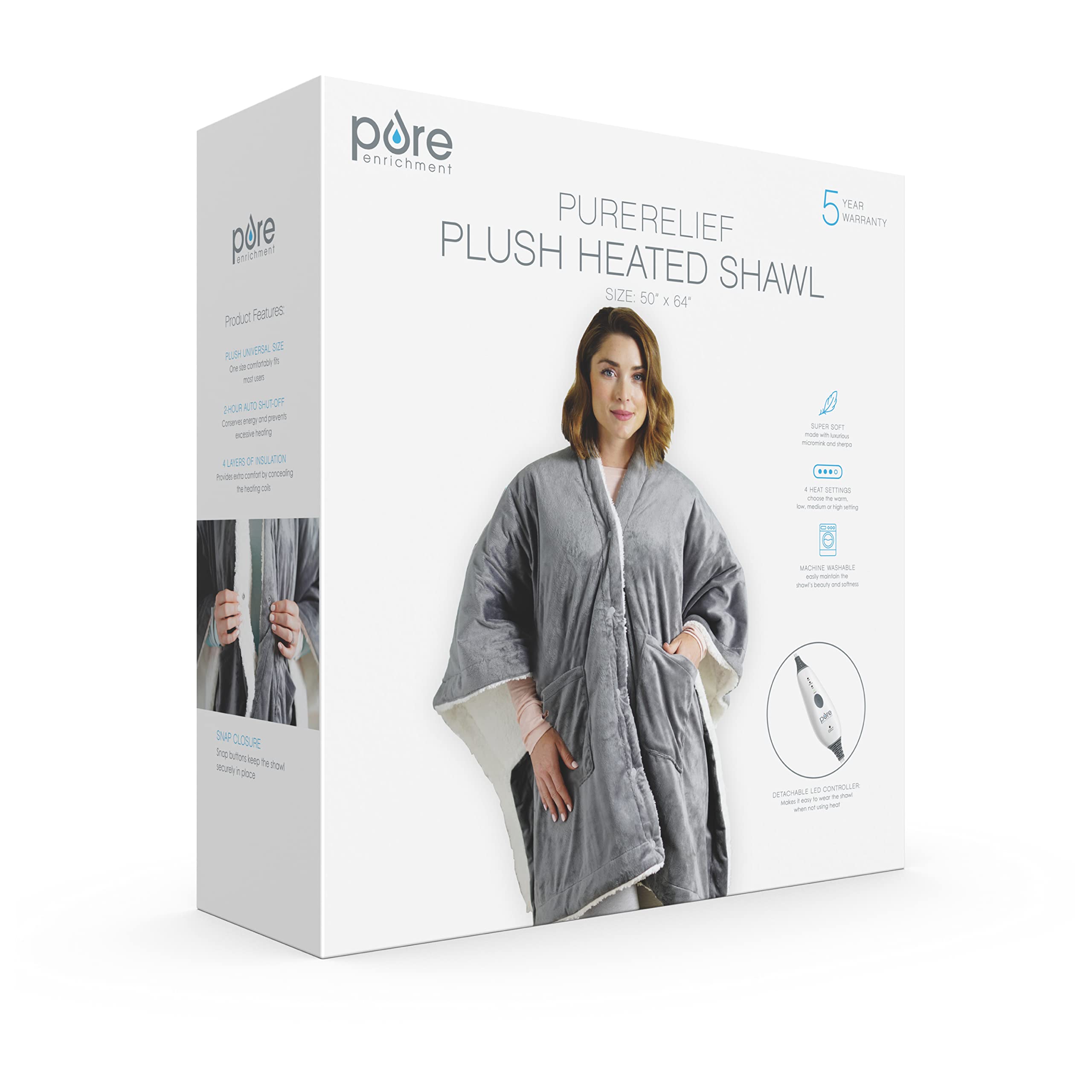 Pure Enrichment PureRelief Plush Heated Shawl - 4 InstaHeat Settings, Wearable Design with Snap Closures, Deep Pockets, Soft Micromink & Sherpa Fabric, Auto Shut-Off Timer, & Machine Washable