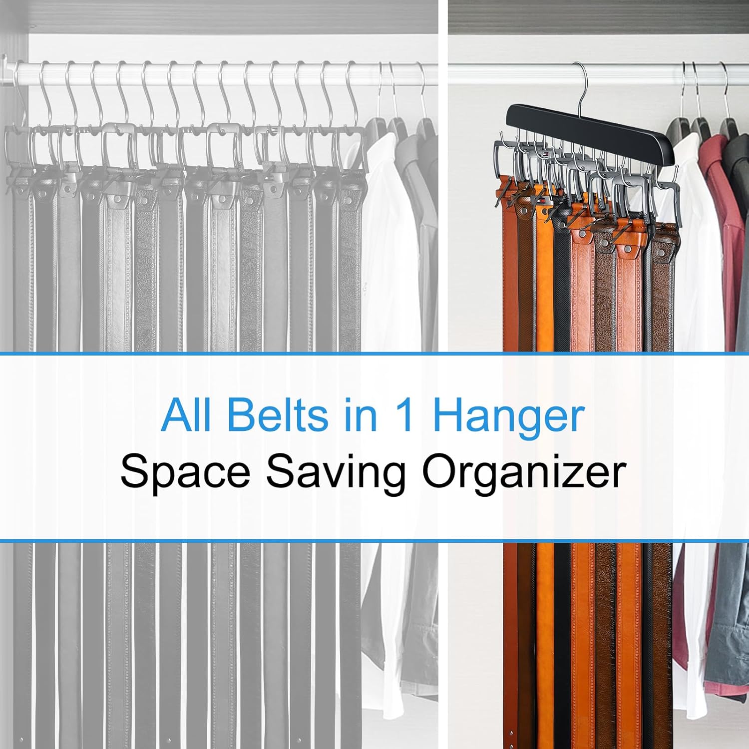 Skiennix Belt Hanger - Sturdy Wood Belt Rack Organizer with 14 Hooks | Max 42 Belts - Black