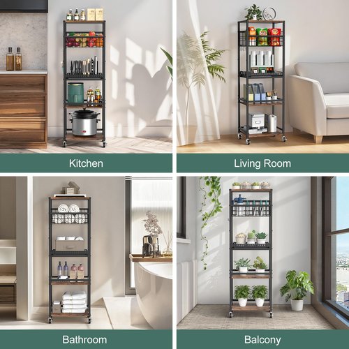 Housolution 5 Tier Kitchen Rolling Cart, Storage Cart with Metal Fruit Vegetable Basket and Pull-Out Pot Lid Cutting Board Organizer, Storage Rack with Wooden Top for Kitchen, Pantry, Bathroom