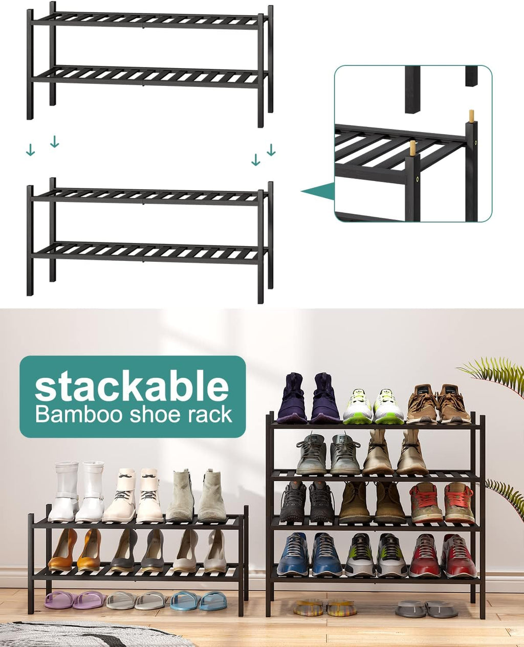 Viewcare 2-Tier Black Bamboo Shoe Rack - Stackable & Foldable Shoe Shelf Organizer for Entryway