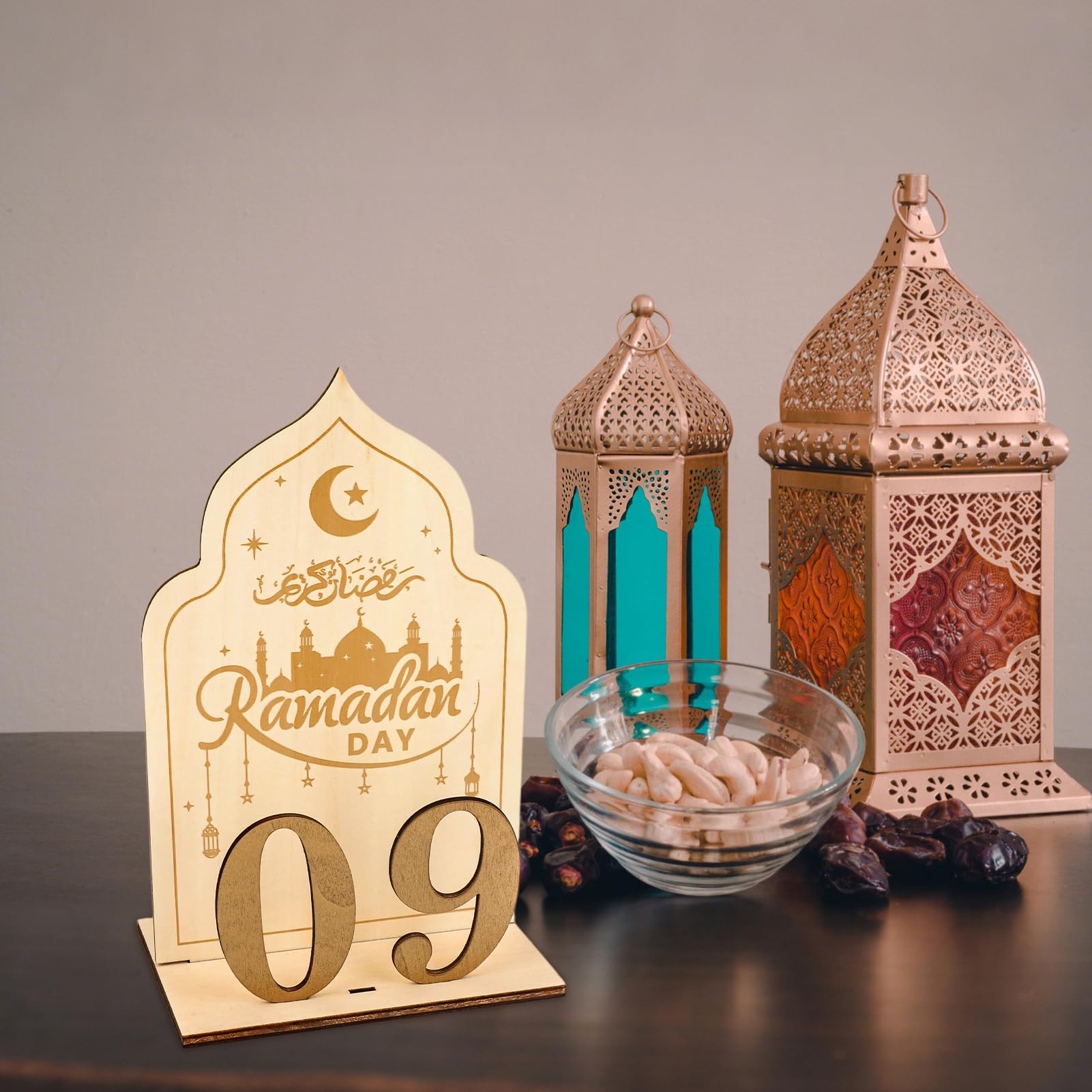 HOWAF Wooden Ramadan Advent Calendar, Ramadan Countdown Calendars with 30 Days Til Eid, Reusable Ramadan Decorations for Home, Islamic Eid Table Decorations for Gift, Moon & Mosque Design