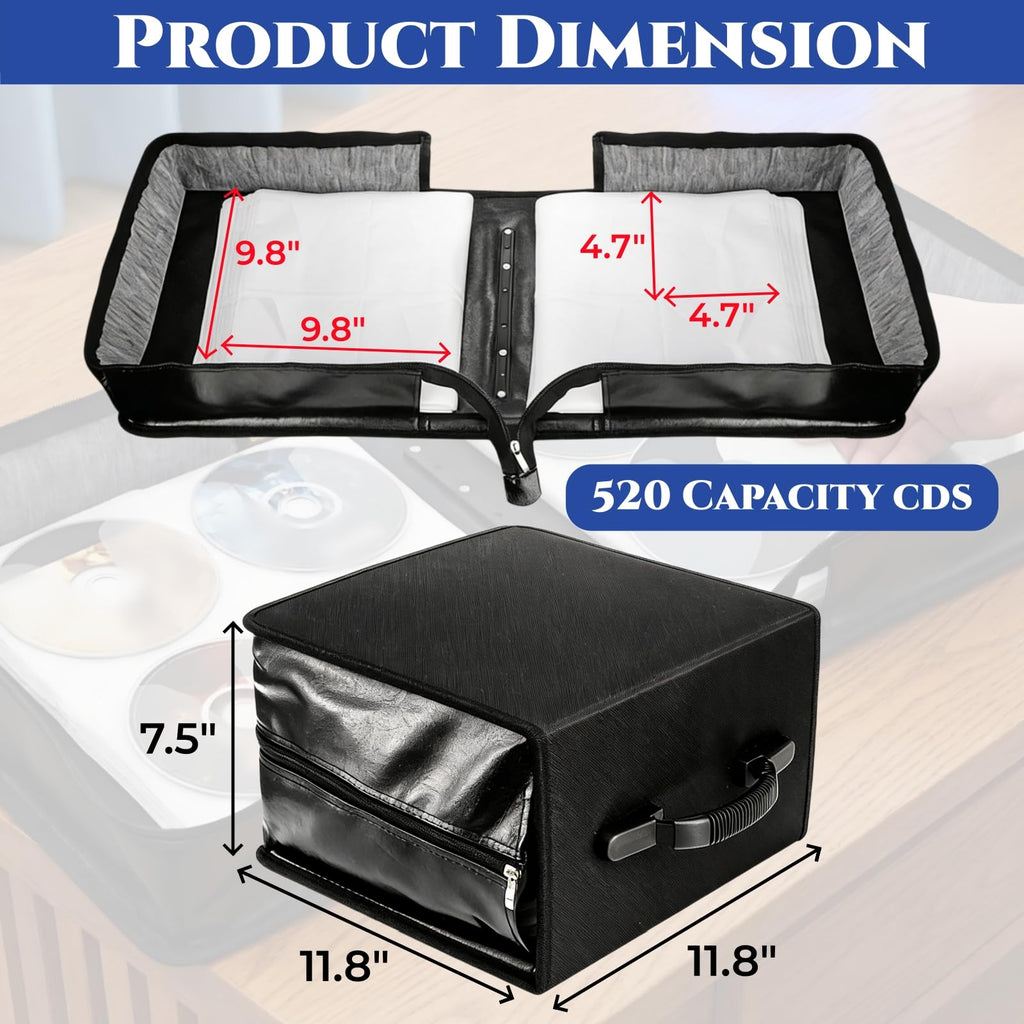 Acshio CD DVD Case Holder, 520 Capacity CD Binder DVD Storage Holder with Zipper, Portable Large Card Media Wallet Storage Booklet Album Box for Home Office Travel Car