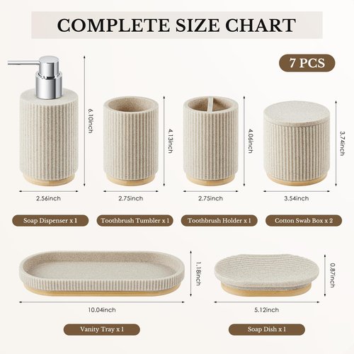 Z ZONAMA 7PCS Bathroom Accessories Set, with Soap Dispenser, Q-tip Holder, Toothbrush Holder, Tumbler, Soap Dish, Vanity Tray, Bathroom Set Complete Organizer Countertop for Modern Decor, Beige