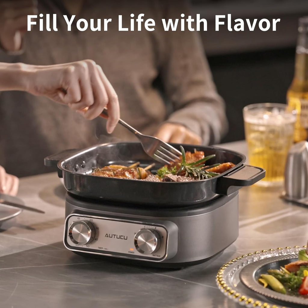 N74SNA Electric Hot Pot Multi-Cooker - 2.5 Quart Nonstick Grill & Steamer Set for Steak, Soup, Ramen
