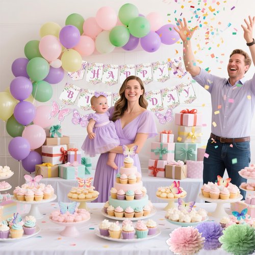 Fairy Birthday Party Decorations Set, Fairy Themed Party Decorations, Green Purple Pink Yellow Balloons Butterfly Banner for Birthday Decorations Spring Tea Party