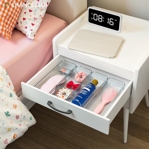 CHANCETSUI Clear Vanity Drawer Organizer Storage : Stackable Plastic Storage Tray For Makeup And Personal Care, 4 Pieces, 3x9 Inch
