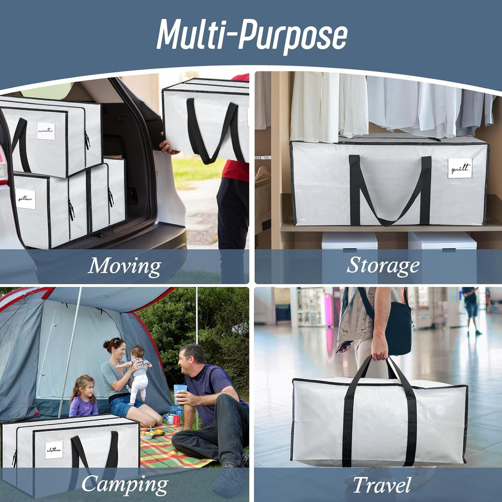 Skiennix 6 Pack Extra Heavy Duty Moving Bags - Strong Zipper & Comfortable Handles | Durable Storage Totes in White