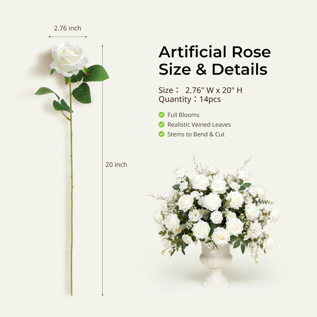 Auihiay 14PCS White Roses Artificial Flowers, Velvet Silk Faux Roses with Long Stems for Mother's Day, Wedding Centerpieces, Anniversary, Party, Home Decoration & DIY Floral Arrangement
