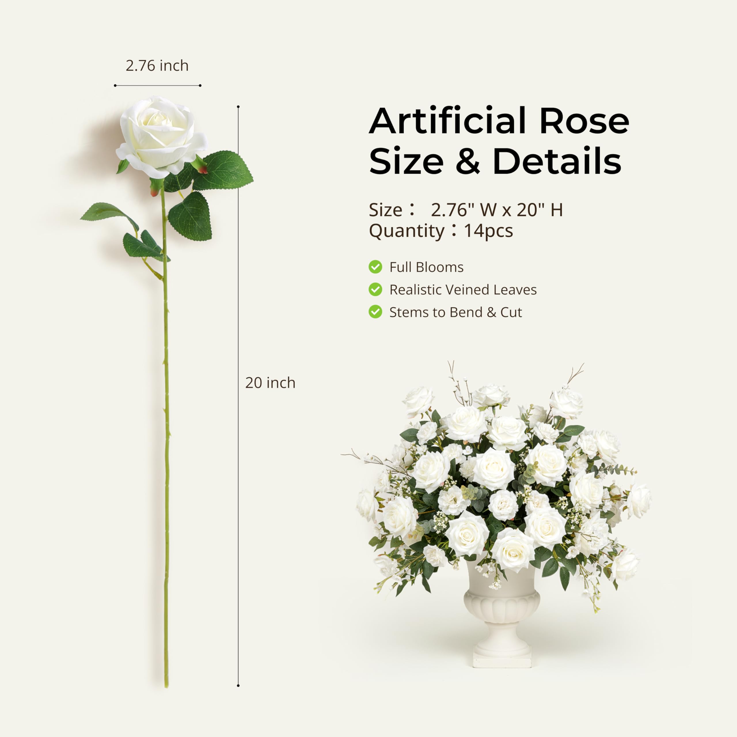 Auihiay 14PCS White Roses Artificial Flowers, Velvet Silk Faux Roses with Long Stems for Mother's Day, Wedding Centerpieces, Anniversary, Party, Home Decoration & DIY Floral Arrangement
