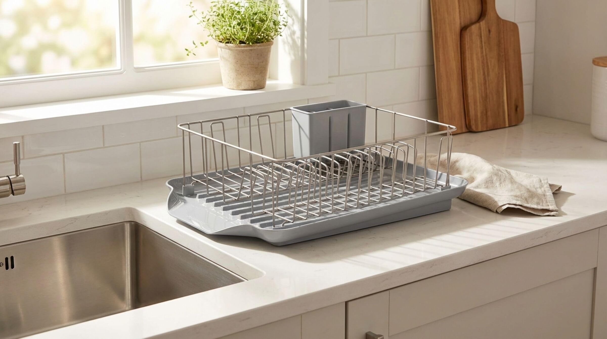Farberware Classic 3-Piece Dish Drying Rack Set for Kitchen Counter, Gray - Rust-Resistant Wires, Self-Draining Board, Flatware Caddy, Non-Slip Feet