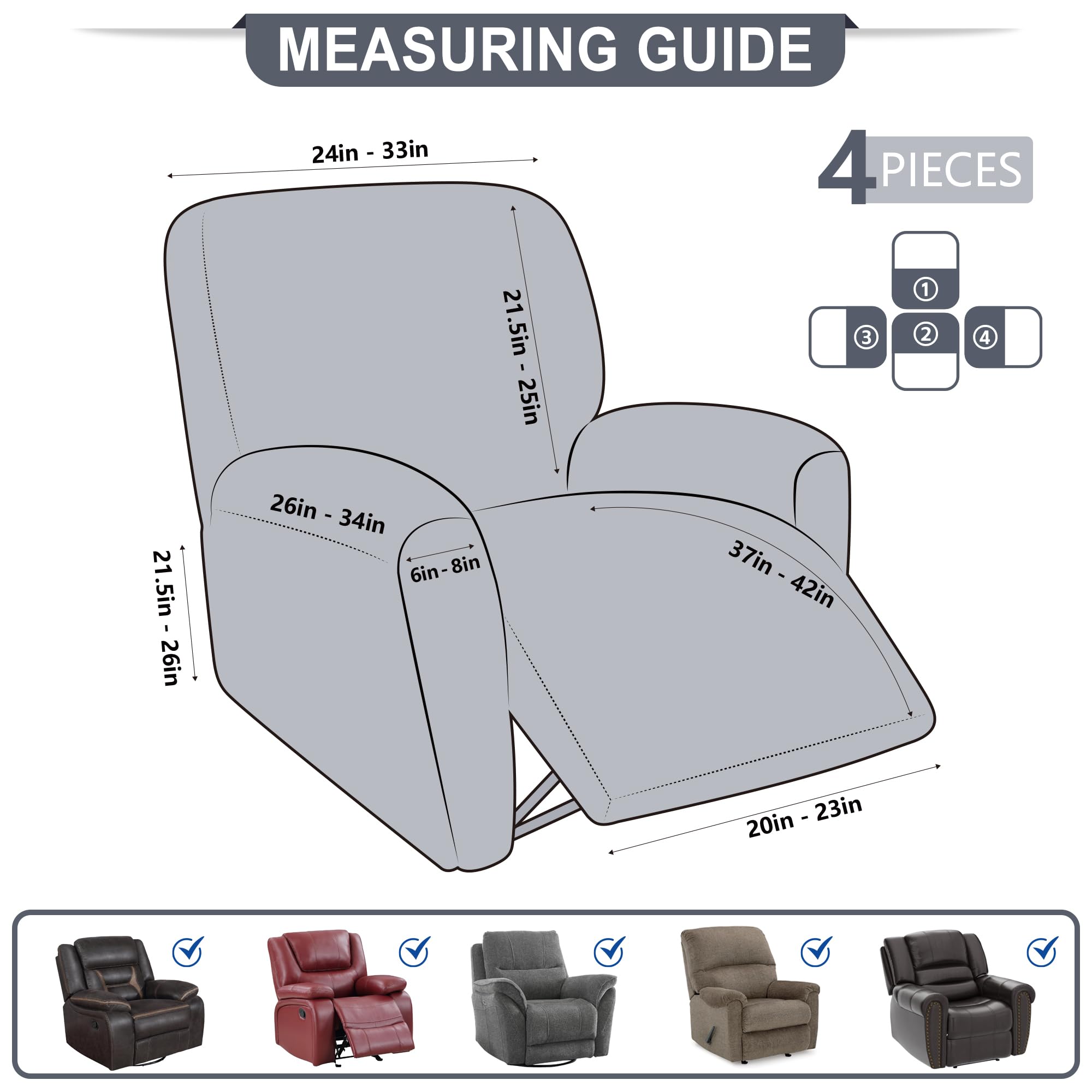 ANARACHON Leather Look Recliner Chair Covers, 4-Pieces Stretch Recliner Cover, Soft Reclining Chair Slipcover, Washable Furniture Protector for Lazy Boy Recliner (1 Seater, Brown)