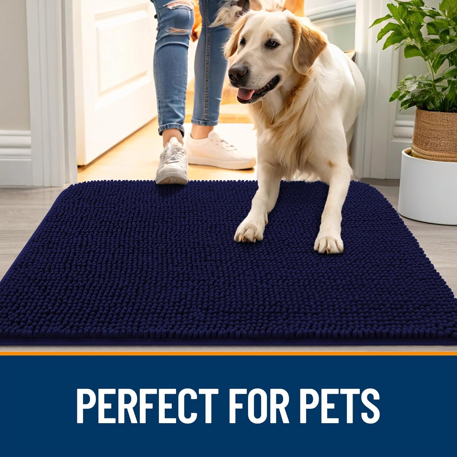 OLANLY Dog Door Mat - Absorbent Non-Slip Mud Mat for Indoor Use | 47"x20", Navy Blue, Quick Dry Chenille