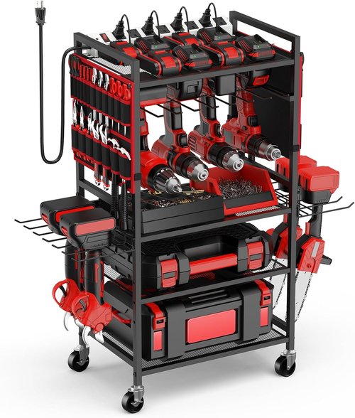 JUNNUJ Garage Tool Organizer Cart - Heavy-Duty Power Tool Storage with 20A Charging Station - Red