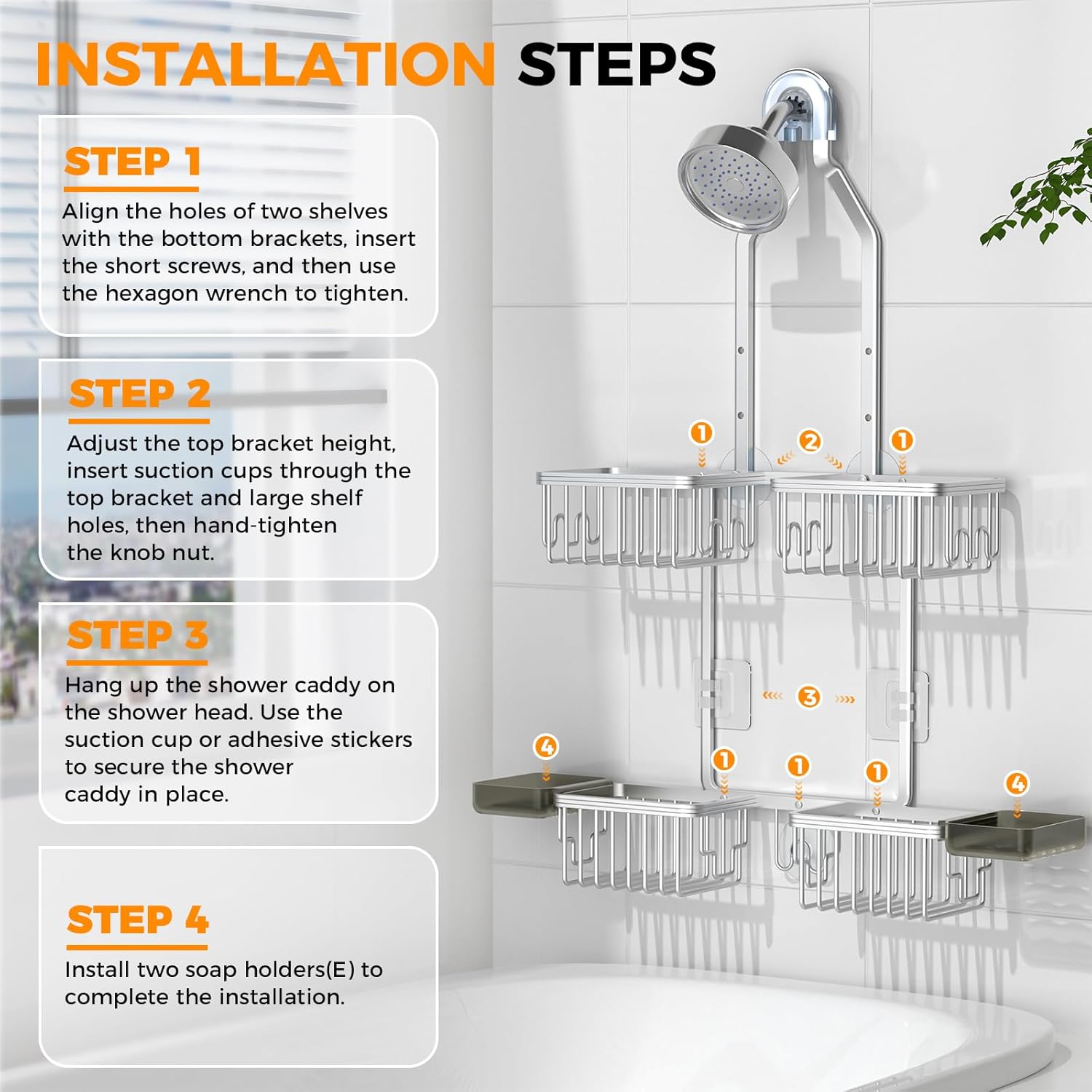 Reinhardt Aluminum Shower Caddy - Rustproof Adjustable Hanging Organizer with Hooks | Silver Finish