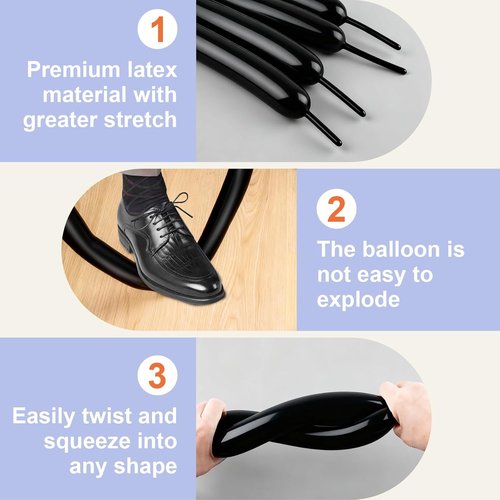 260 PCS Black Balloons - Premium Long Skinny Latex for Twisting, Weddings & Birthday Parties