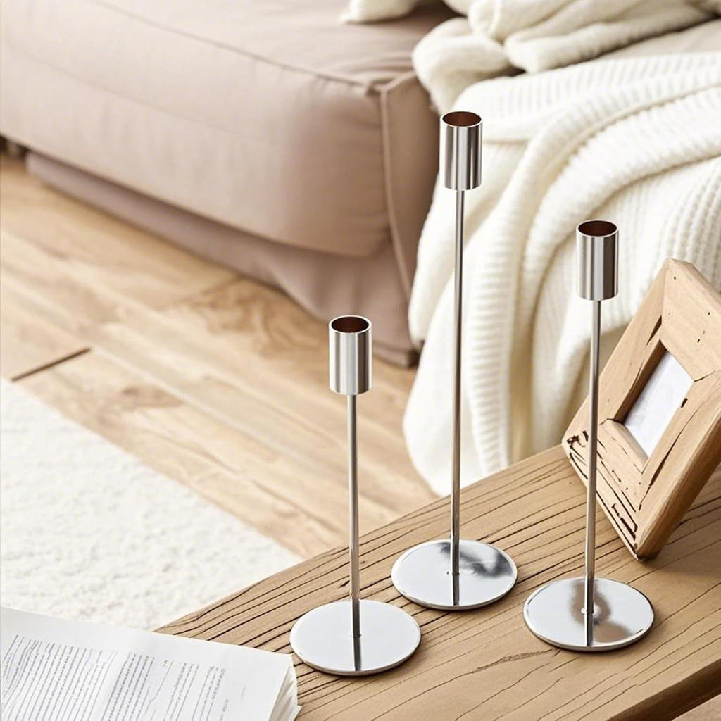 Regine Switzerland Set of 12 Silver Taper Candle Holders - Elegant Metal Design for Weddings & Home Decor