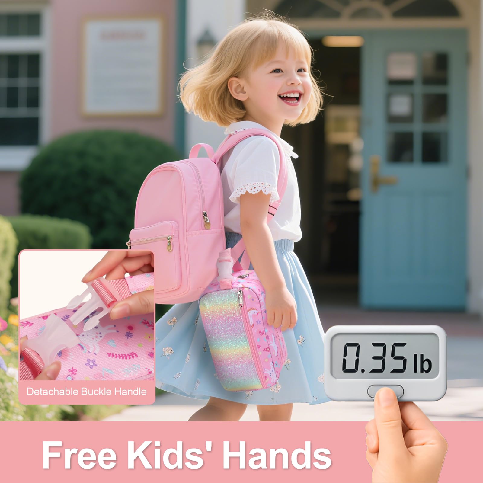 Bagseri Kids Snack Bag Girls - Small Reusable Mini Cooler Pouch, Insulated 3.9L Food Carrier with Buckle Handle for School and Daycare, Fits in Backpack, Glitter Pink Unicorn