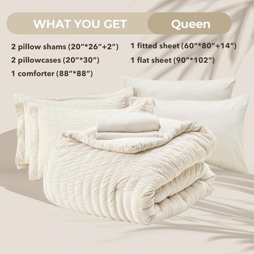 HYMOKEGE Ivory Queen Comforter Set - 7-Piece All-Season Luxury Bedding Set with Sheets & Pillowcases