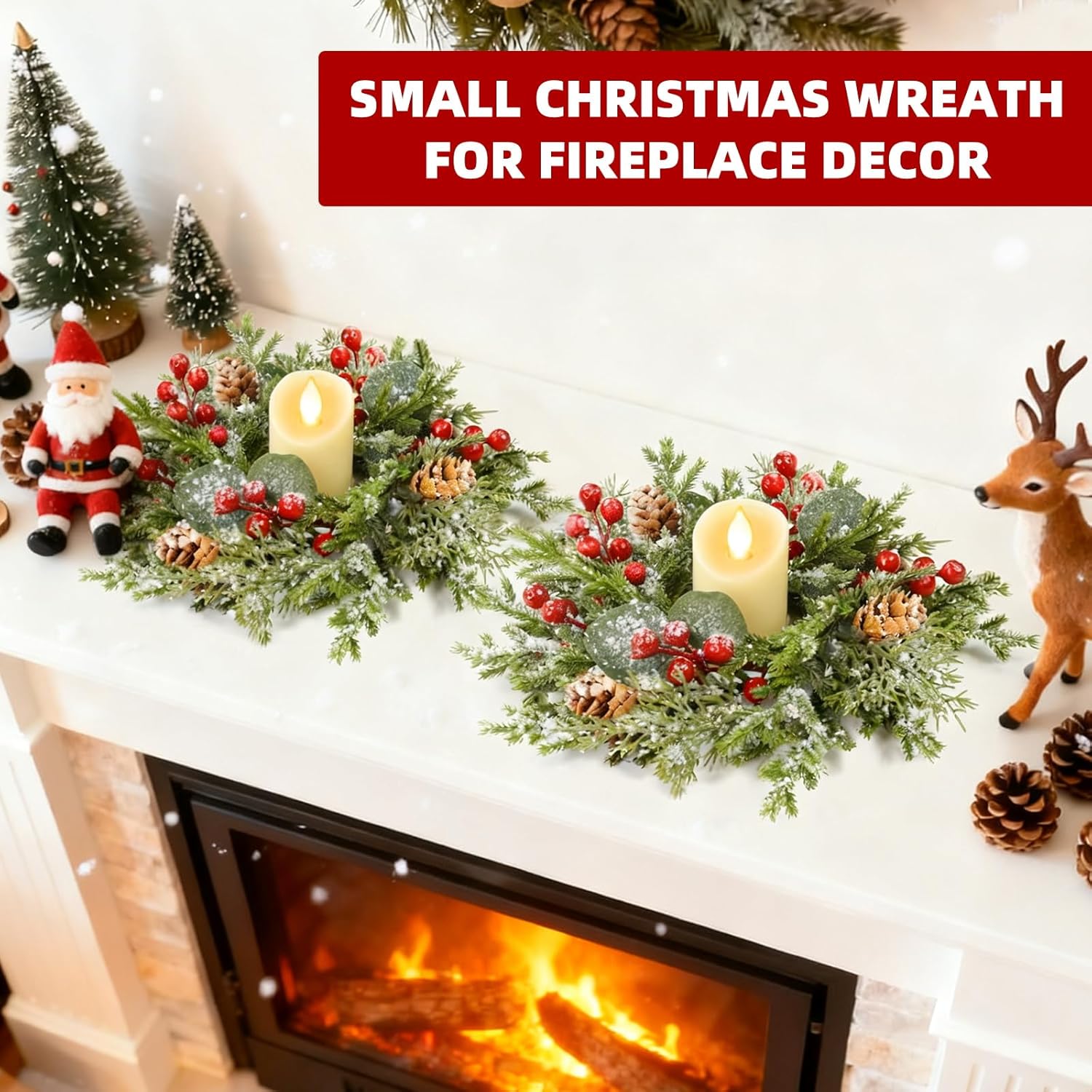Regine Switzerland Mini Christmas Wreath Candle Rings - Flocked 10"x3.5" Snowy Pinecone & Red Berry Decor