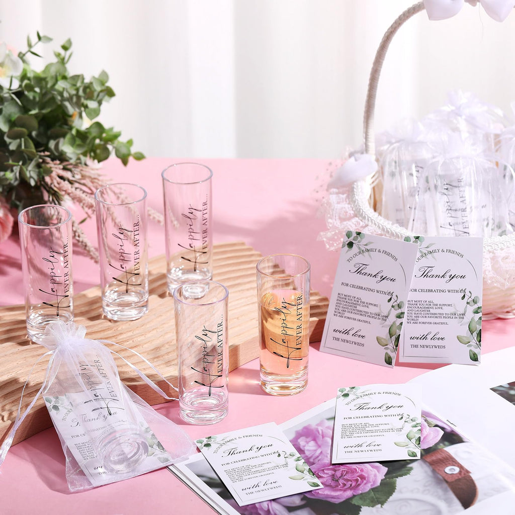 Sliner 100 Set Wedding Favors for Guests Bulk 2oz Acrylic Happily ever after Shot Glasses with Thank You Cards Organza Bags wedding gifts for Guest Souvenirs Newlyweds Bridal Shower Party