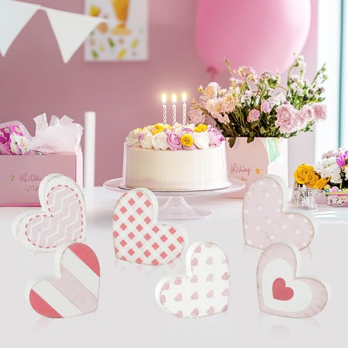 6Pcs Valentine's Day Wooden Hearts Tiered Tray Decor, Farmhouse Distressed Pink Heart Shaped Love Signs Table Decor for Home Office Tabletop