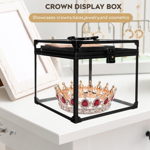 Donghome 9inches Wide Pageant Crown Box Tiara Carrying Case Extra Large with Sash Holder Clear Acrylic Display Case,Toiletry and Cosmetic Organizer (Black, 230 * 230 * 190mm)