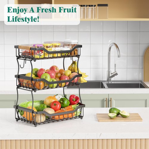 Giwil 3 Tier Countertop Fruit Basket for Kitchen, Vegetable Storage Bread Fruit Bowl Stand with 2 Banana Hooks, Wall Mounted Metal Wire Basket Organizer for Potato Onion, Black