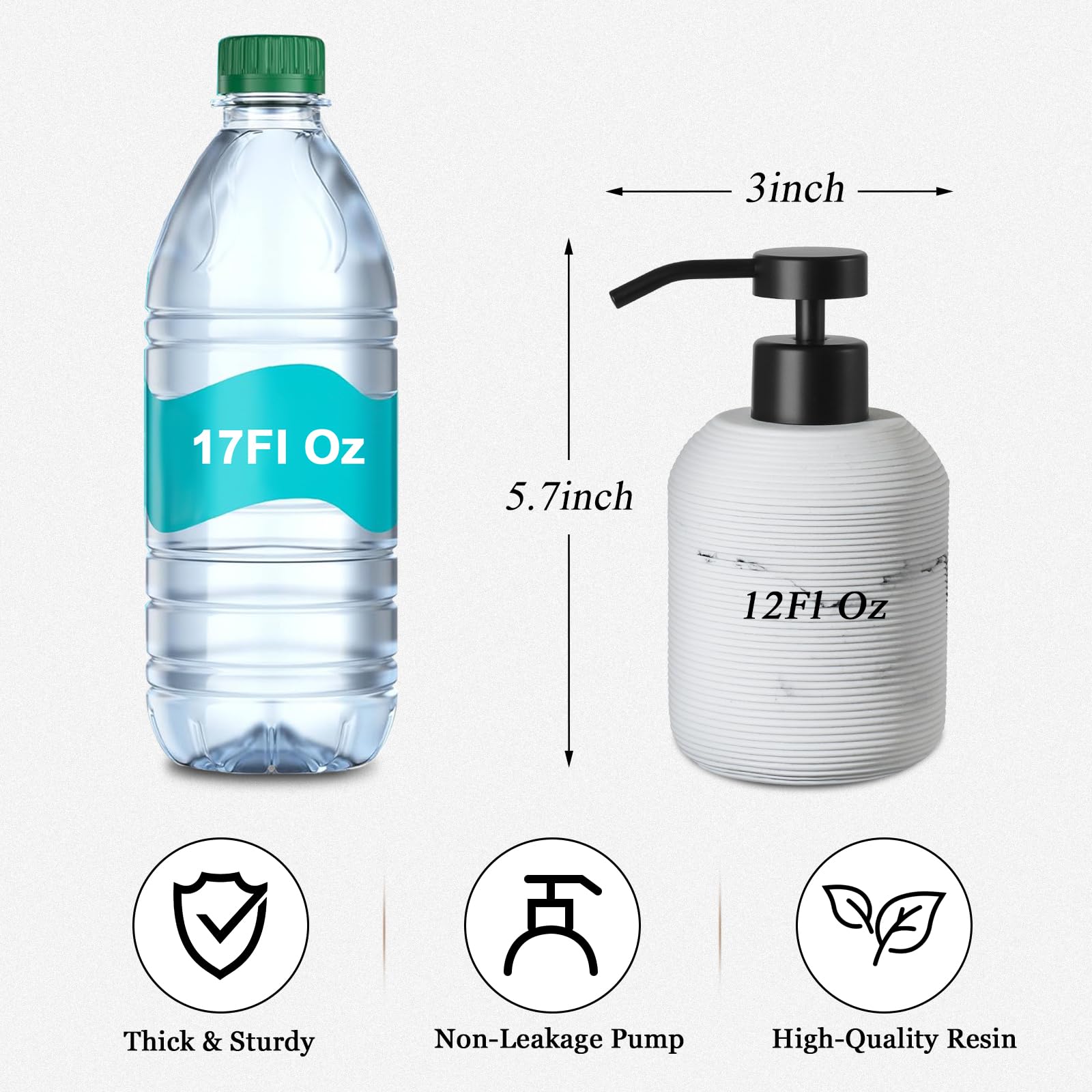 VIMERPA Marble Hand Soap Dispenser for Bathroom, 12 Fl Oz Soap and Lotion Dispenser Set, 2 Pack White Resin Dish Soap Dispensers for Kitchen, Refillable Liquid Bottle Container with Plastic Pump