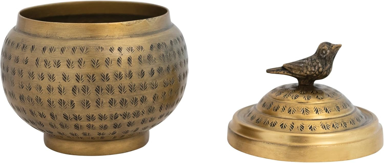 Round Hammered Metal Container - Bird Finial Design in Elegant Brass Finish