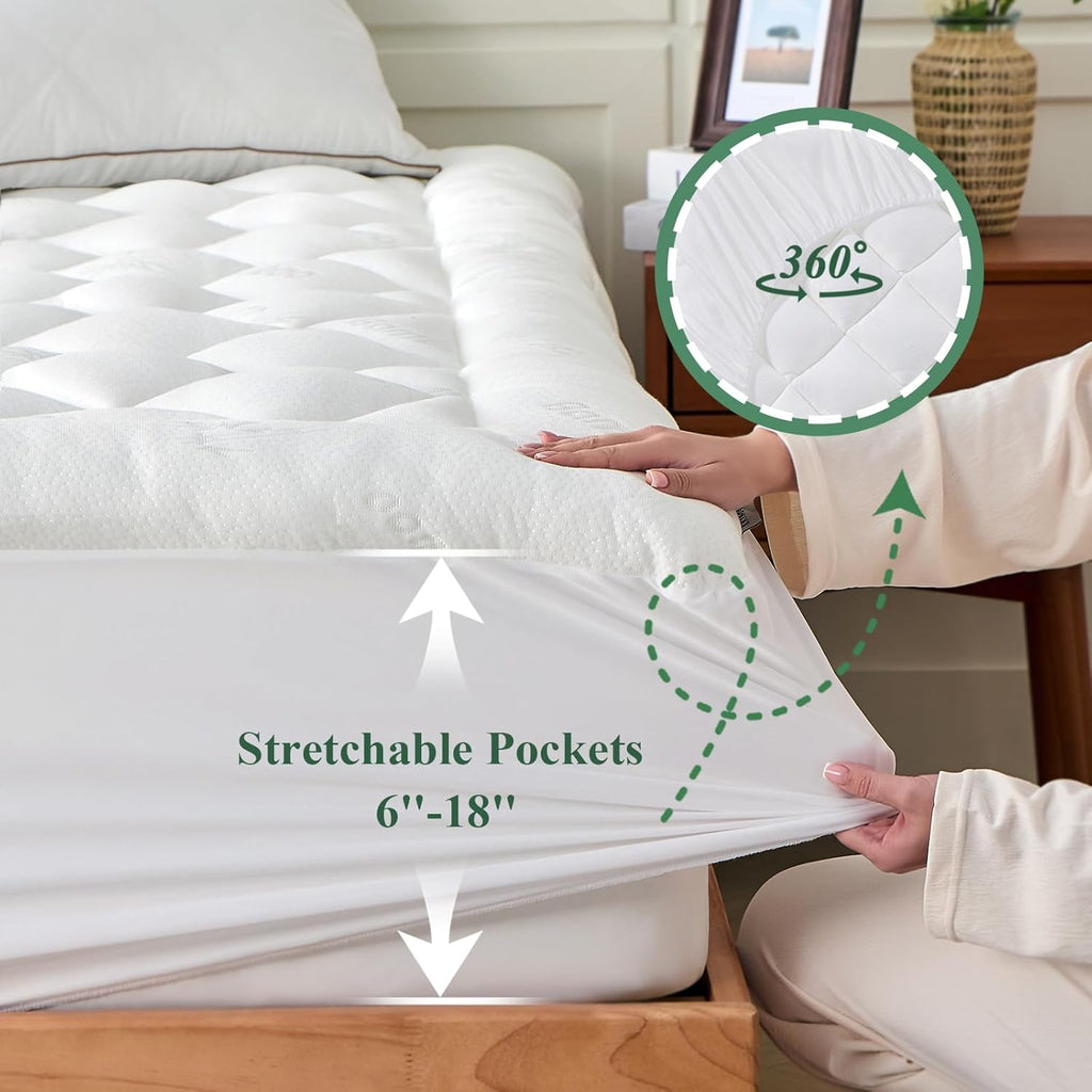 Skiennix Twin XL Mattress Topper - Bamboo Pillow Top for Cooling Comfort & Back Pain Relief, White