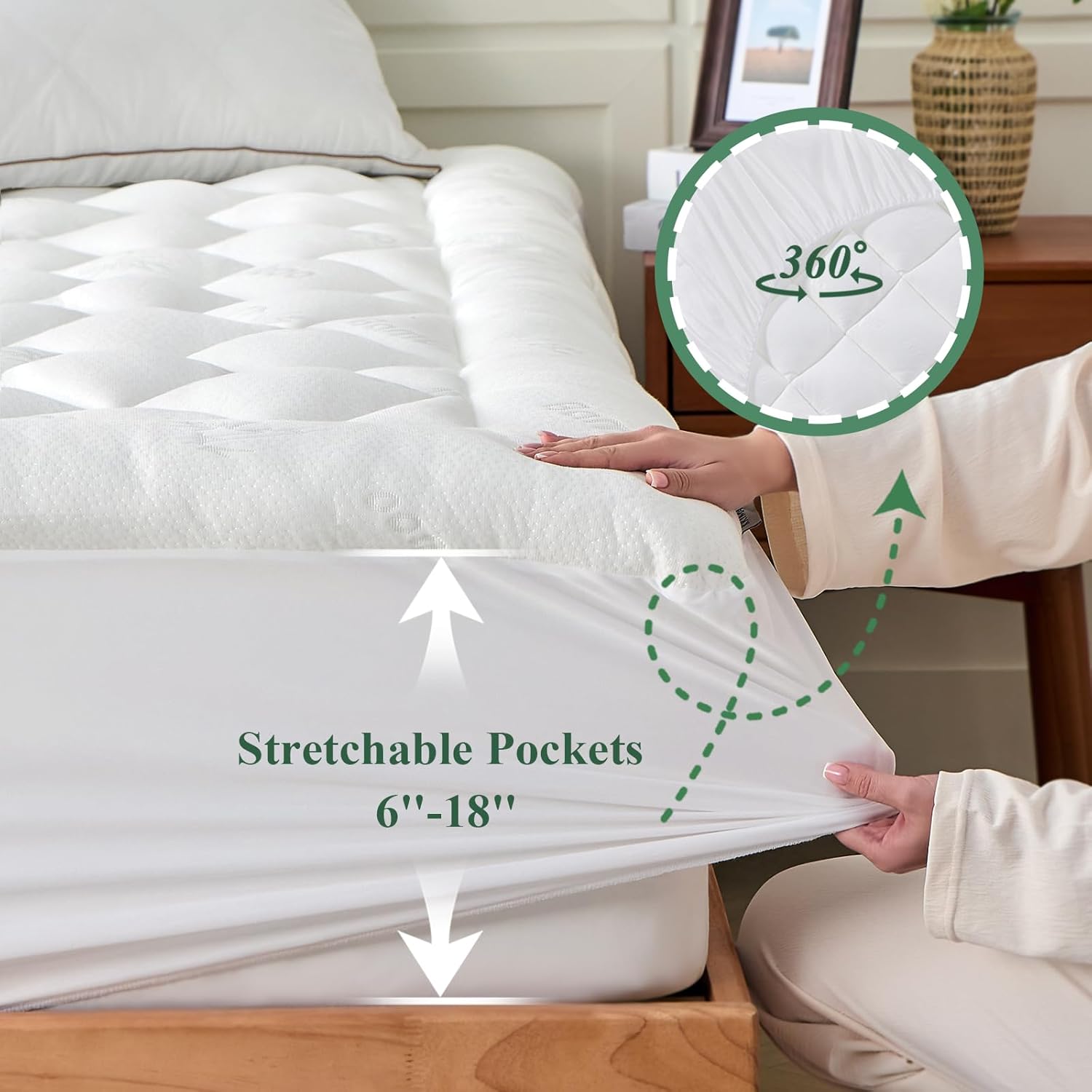 Skiennix Twin XL Mattress Topper - Bamboo Pillow Top for Cooling Comfort & Back Pain Relief, White