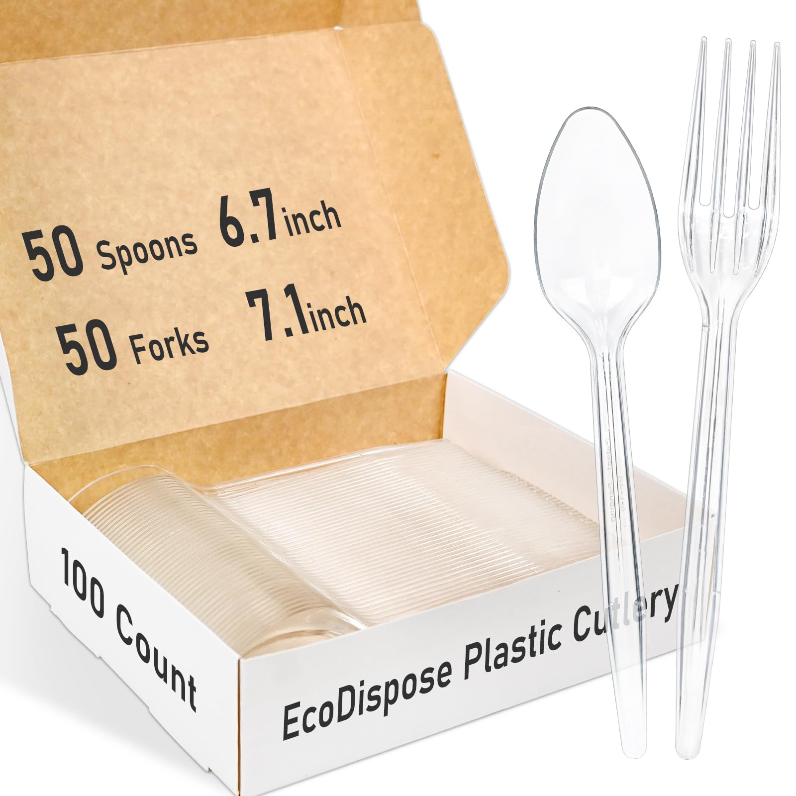EcoDispose 100 Count Plastic Silverware, Heavy Duty Plastic 50 Forks & 50 Spoons Disposable Utensils Cutlery Set for Party Supplies