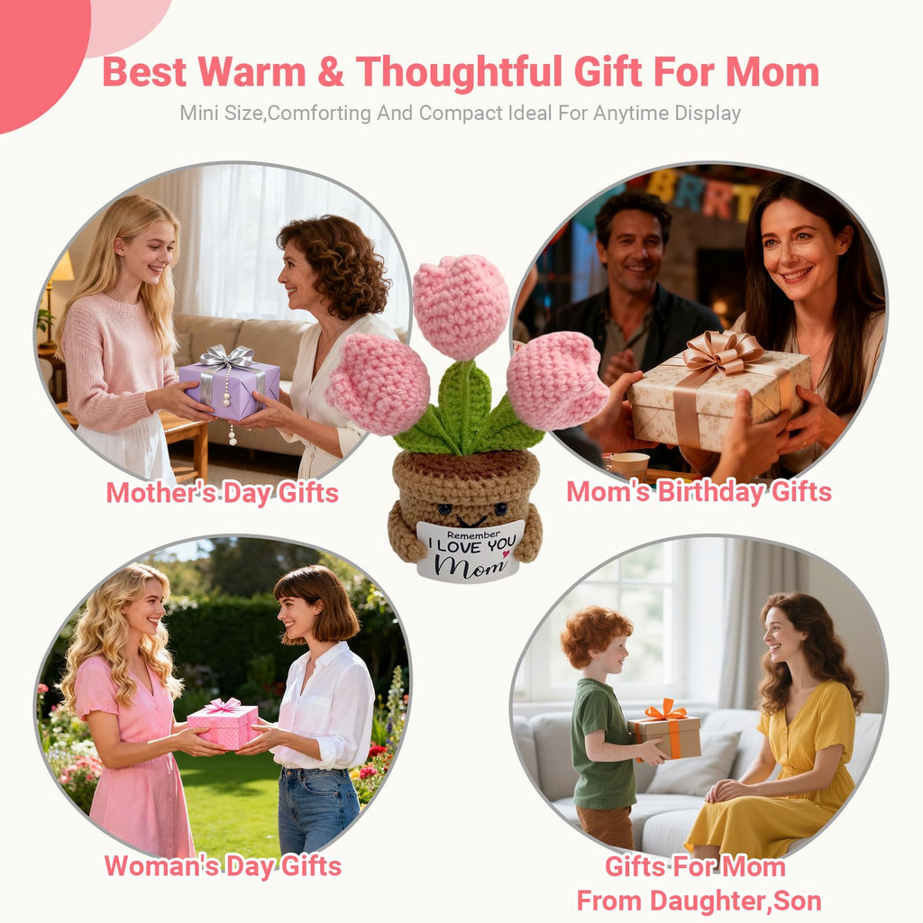Fmcmly Mini Birthday Gifts for Mother, Remember I Love You MOM, Handmade Crochet Cute Tulip Flower, Gift for Mom from Daughter or Son