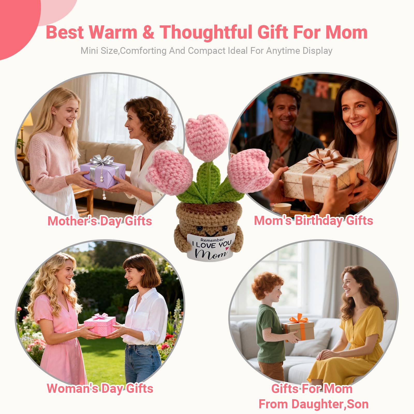 Fmcmly Mini Birthday Gifts for Mother, Remember I Love You MOM, Handmade Crochet Cute Tulip Flower, Gift for Mom from Daughter or Son