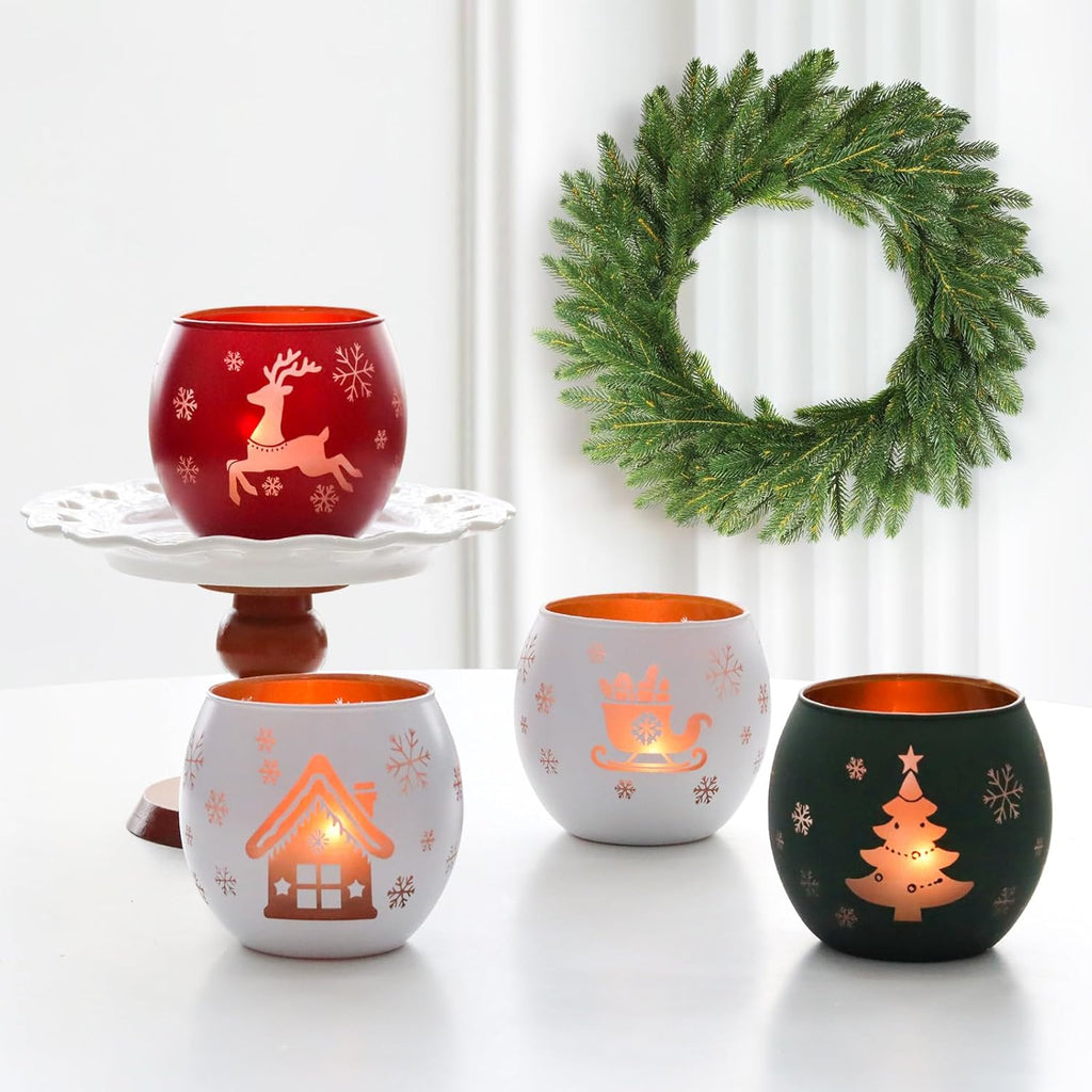 Skiennix Christmas Candle Holders - Set of 4 Frosted Glass Tealight Votive Holders | Winter Holiday Decor (Red, Green, White)