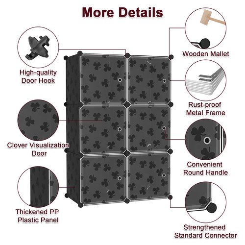 C&AHOME Cube Storage Organizer with Doors, 6-Cube Shelves, DIY Plastic Modular Bookshelf, Closet Clothes Storage Shelving Ideal for Bedroom, Living Room, Clover Embossed, Black