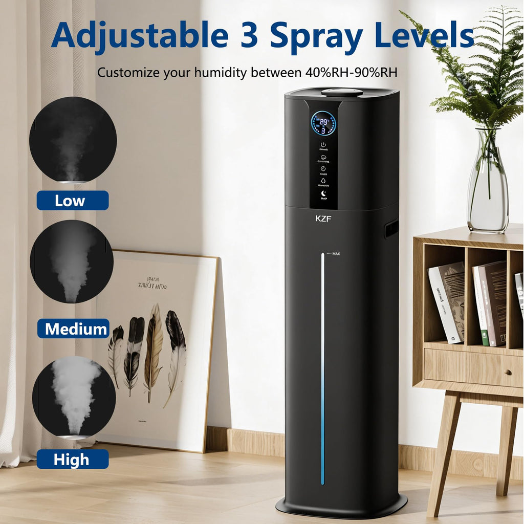 KZF 9L Smart Humidifiers for Bedroom Large Room, 2.3Gal Cool Mist Top Fill Diffuser App & Remote Control, 3 Mist Modes, Quiet Humidifier for Home Office Plant (9L Black App)