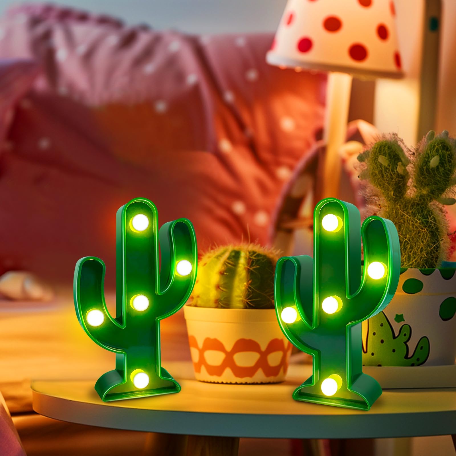TURNMEON 3 Piece Cactus Decor LED Cactus Light Cinco De Mayo Decorations, Fiesta Mexican Party Decorations Green Cactus Night Light Table Lamps for Kid's Room Bedroom Home Decor (4.72 x 2.76 Inch)