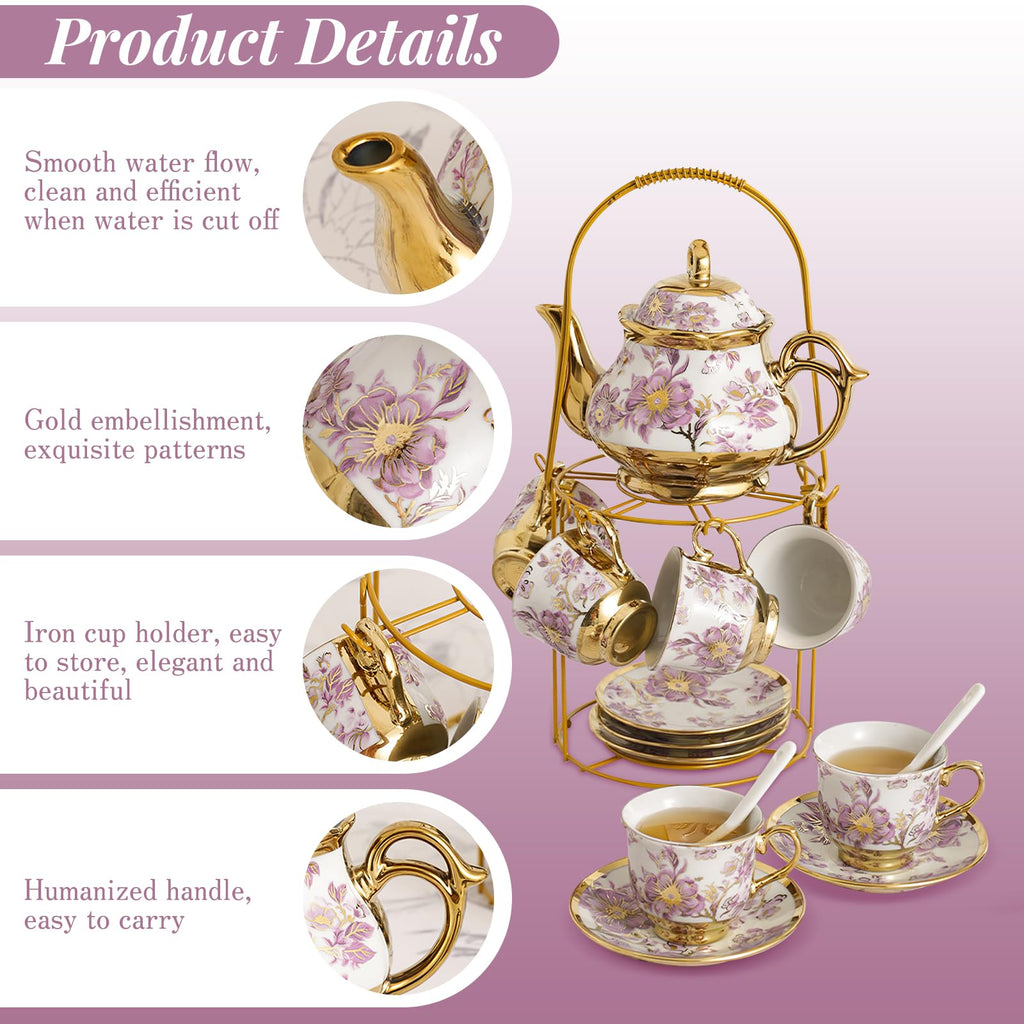 YTDTKJ 20 PCS Ceramic Tea Sets for Women Tea Party, Purple Pattern Tea Set with Gold Shelf, Flower Porcelain Tea Set with 6 Plates & 6 Spoons, Coffee Cup Set for Restaurant Hotels Dinner